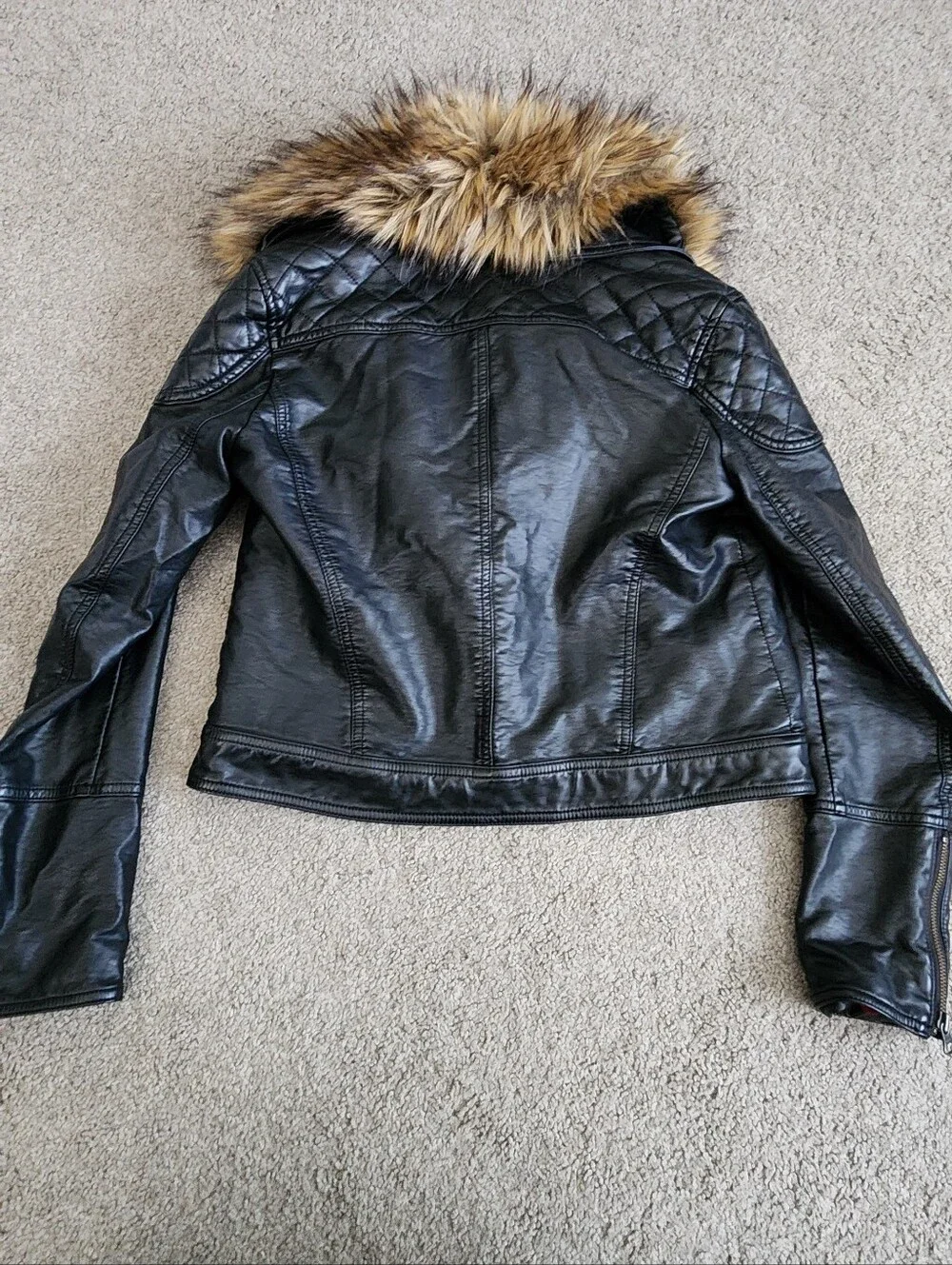 Free People Black Leather Jacket with Tan Faux Fur Collar